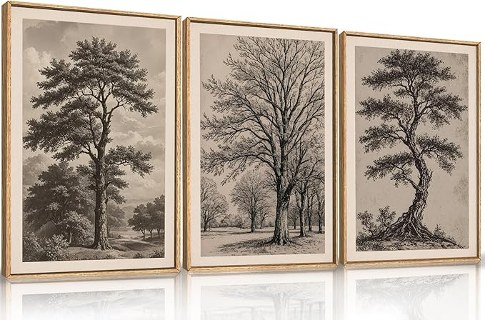 HPINUB Vintage Sketch Tree Framed Canvas Wall Art Set,Modern Nature Botanical Wall Decor, Antique Wilderness Tree Artwork,Minimalist Neutral Art Prints for Living Room,Bedroom,Farmhouse-24"x36"x3