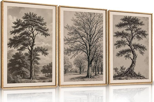 HPINUB Vintage Sketch Tree Framed Canvas Wall Art Set,Modern Nature Botanical Wall Decor, Antique Wilderness Tree Artwork,Minimalist Neutral Art Prints for Living Room,Bedroom,Farmhouse-24"x36"x3