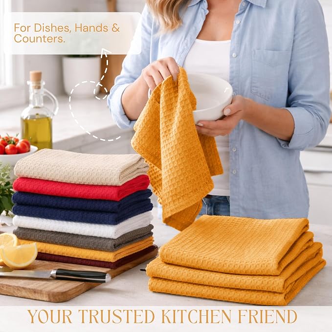 Mustard Yellow Waffle Kitchen Dish Towels 100% Cotton, Soft, Absorbent, Quick Drying, Multipurpose Use, Bar & Hand Towels, 16x26 Inches, Durable, Machine Washable, Reusable, Set of 4