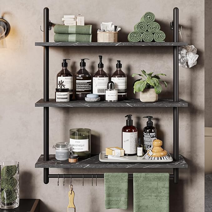 Bestier Floating Pipe Shelving, 31.5" Floating Kitchen Shelves Wall Mounted, 3 Tier Coffee Bar Shelf Ladder Bookshelf with Towel Bar Hooks for Kitchen Living Room Bathroom Bedroom, Black Marble