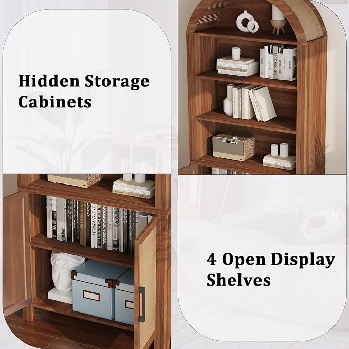 Janmer Home 71" Tall Arched Bookcase with Storage, Modern 6-Tier Cabinet with Door, Arched Bookshelf Cabinet with Open Display Storage Shelf for Living Room (Walnut,)