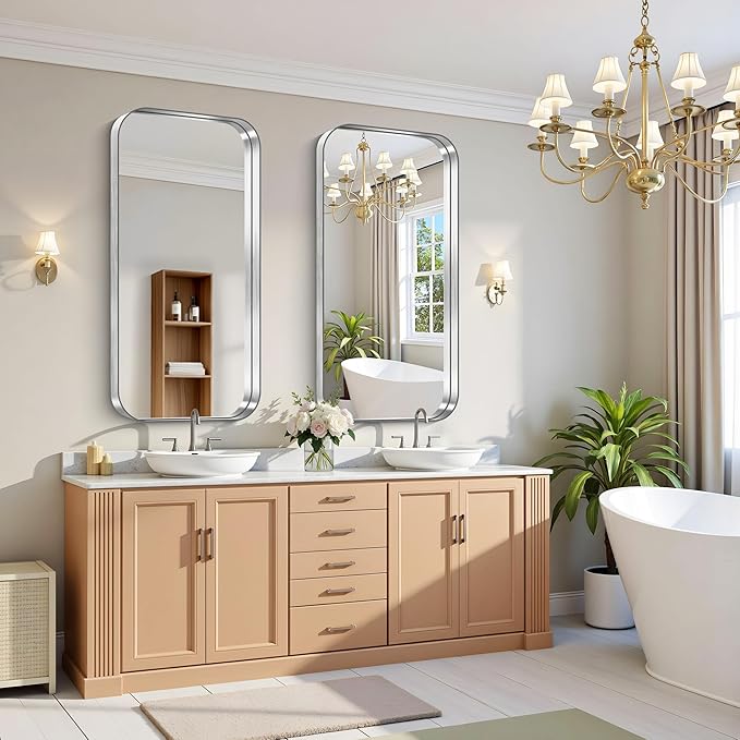 CIRCUMI Silver Bathroom Mirror, 24"x48" Rectangular Mirror with Deep Metal Frame, Rounded Corner, Tempered Glass, Large Mirror for Wall, Over 2 Sinks, Installed Vertically/Horizontally, Crystal-Clear