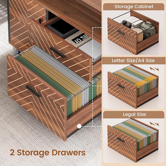 SEDETA 71" Executive Desk with Rolling File Cabinet, Large Office Desk with Drawers, L Shaped Computer Desk with Power Outlets, CPU Stand, Pegboard and Storage Shelves, Brown