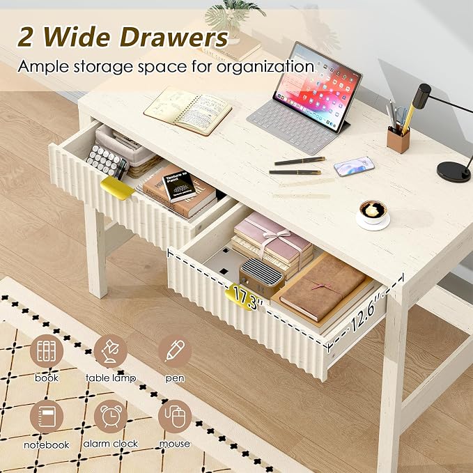 YOMILUVE Fluted Computer Desk with 2 Drawers, 39 Inch Small Computer Desk with Storage, Compact Writing Study Vanity Desk for Small Spaces, White