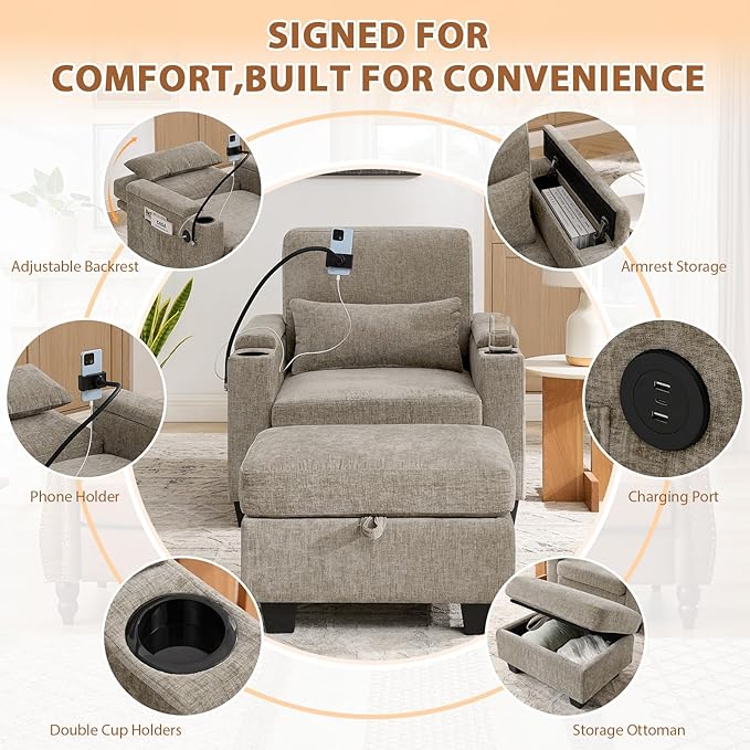 Oversized Chaise Lounge Chair Indoor, Single Convertible Recliner Reading Arm Sofa Chair W/Adjustable Backrest & Charging Port Couch Bed for Living Room, Home Theater & Bedroom, Brown