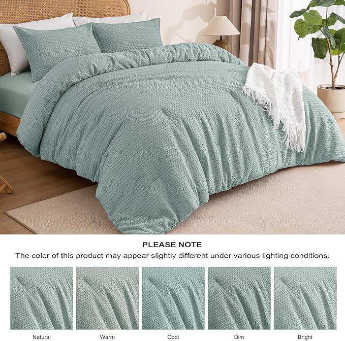 PHF Soft Waffle Comforter Set Queen Size- Comfy Breathable Waffle Weave Comforter with 2 Pillow Shams, 3 Pieces Less Snagging Lightweight Textured Bedding Set for All Season, Dusty Blue