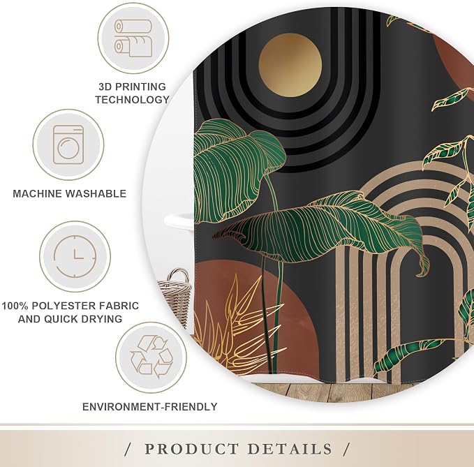 Glawry Brown Abstract Mid Century Shower Curtain Boho Retro Tropical Palm Tree Leaves Sun Arch Modern Bathroom Aesthetic Geometric 72Wx72L Inches Bath Accessories Art Home Decor Fabric 12 Pack Hooks