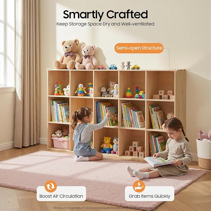 15-Cube Pine Wood Storage Organizer, Solid Wooden Bookshelf with Back Panel, 11in Shelf Opening Bookcase, Freestanding for Living Room, Bedroom, Office (59.1 x 11.8 x 35.4in)