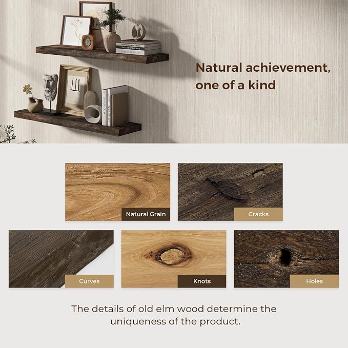 Dreamland 24 Inch Floating Shelves, Rustic Elm Wood Live Edge Wall Shelf for Home Decor, 8 Inch Deep Floating Shelf for Wall, 24 x 8 Bathroom Shelves Set of 2, Walnut Color