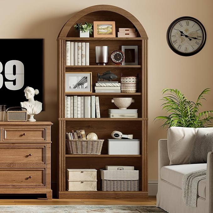 RALGEND Arched Bookshelf Set of 2, 75.8" Tall Arch Bookcase with Storage, 6-Tier Farmhouse Book Shelf, Arched Cabinet, Wooden Bookshelf with Open Display Shelves, Adjustable Shelf, Office, Walnut