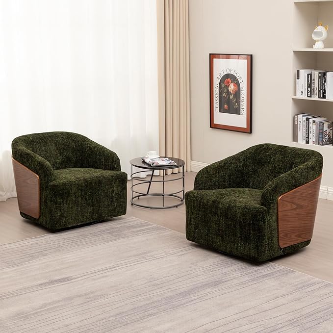 Swivel Accent Chair Linen Swivel Barrel Chair Comfortable Mid Century Modern Chair Upholstered Metal Base Armchair for Living Room Bedroom Office Large Vintage Green