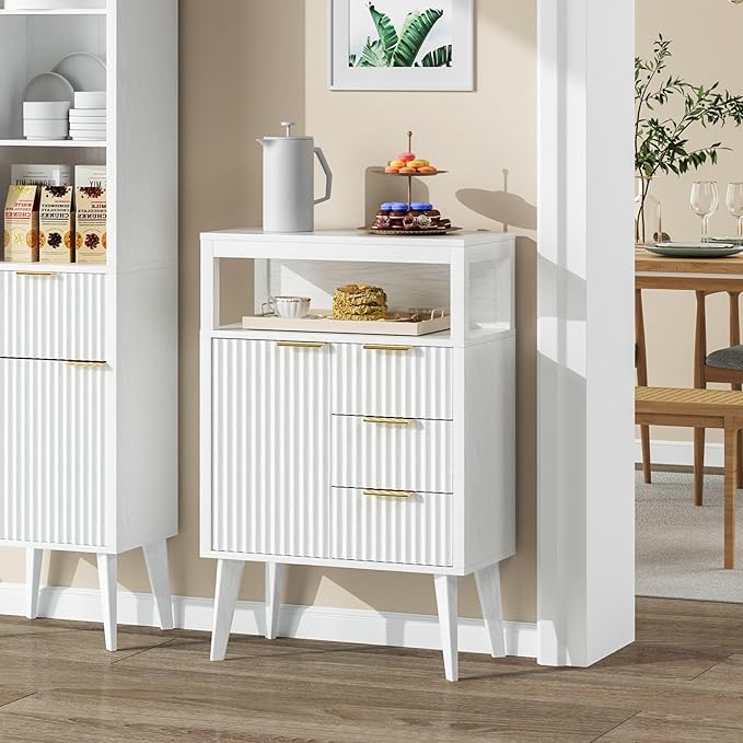 White Bathroom Floor Cabinet with 3 Fluted Drawers & Door, Modern Storage Sideboard with Open Shelf, Coffee Bar Station for Living Room, Entryway, 23.6 x 11.8 x 34.6 Inches
