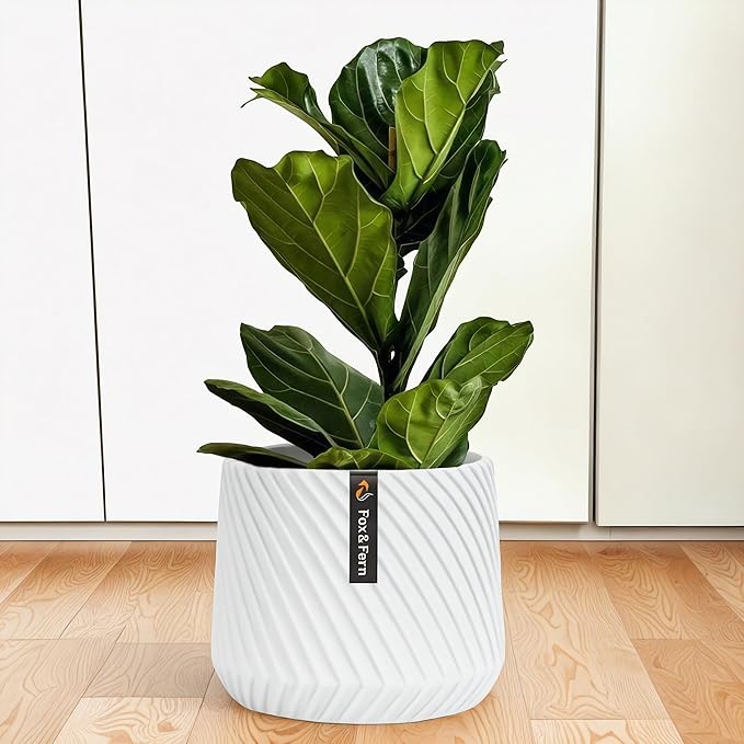 Fox & Fern Large Indoor Planter, Modern Large Plant Pot for Indoor or Outdoor, UV and Frost Resistant - 12 Inch, Polystone, Matte White Flower Pot with Drainage Plug, 3D Printed Design