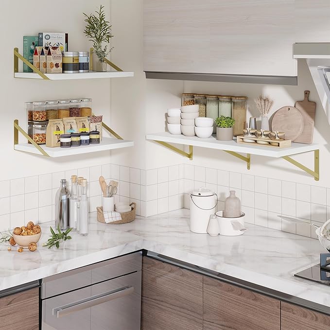 Deep Wall Shelves 16"W x 12"D Engineered Wood Floating Shelves for Wall, Sturdy Metal Bracket(Gold) Bookshelves Home Decor Storage for Living Room Bedroom Bathroom Kitchen, Set of 2, Black Finish