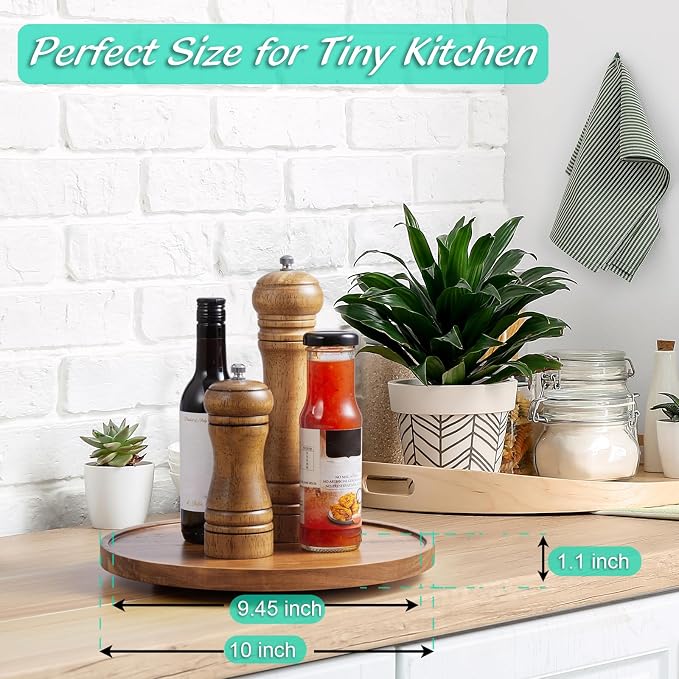 10" Acacia Wood Lazy Susan Turntable Organizer for Cabinet, Round Serving Tray Decorative Tray Vintage Centerpiece Candle Holder Tray, Farmhouse Tray for Kitchen Countertop Coffee Table Decor