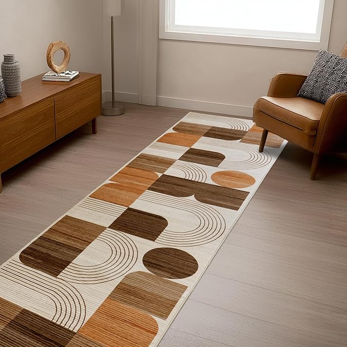 Machine Washable 2.7x8 Runner Rug, Soft Modern Geometric Abstract Orange Rugs for Bedroom Living Room, Non-Shedding Faux Wool Indoor Throw Floor Carpet for Office Entryway Dining Room Decor