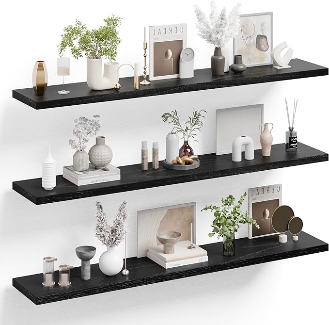 IEO Long Wooden Floating Shelves for Room Wall, Natural Wood Floating Shelves Wall Mounted Kitchen Shelf for Living Room, Bedroom, Kitchen,Bathroom, Storage (Black, 48in 3tier)