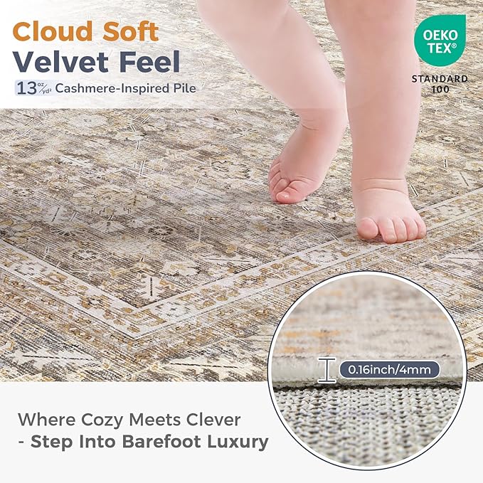OPPODREAM Vintage Beige 2x8 Runner Rug, 2 x 8 Retro Washable Rug Non Slip, Low-Pile Faux Wool Carpet, Distressed Tan Floor Mat for Kitchen, Hallway, Entry-Way, Entrance, Indoor Back Door
