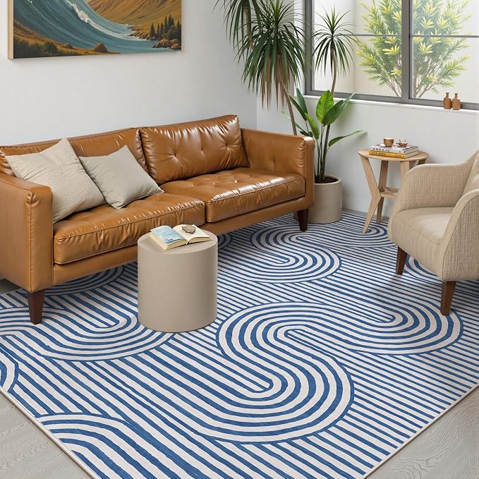 Lahome Modern Area Rugs 8x10，Blue Rugs for Living Room Machine Washable Rugs for Bedroom Geometric Abstract Accent Rug，Non Slip Soft Easy Clean Non Skid Carpet for Dining Office Dorm Alba(8'X10',Blue)