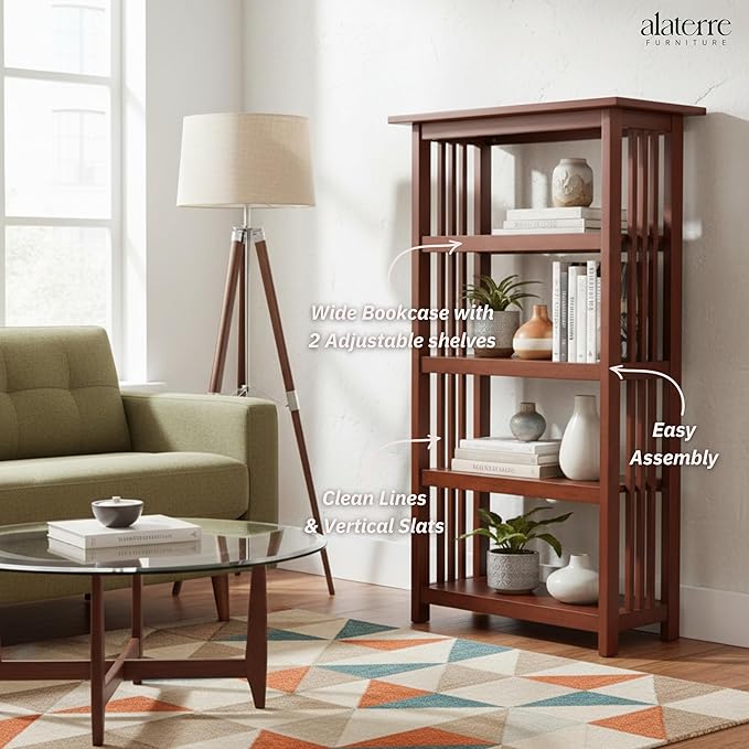 Alaterre Furniture Mission 4-Tier Bookcases with Adjustable Shelves – Mid-century Modern 48-Inch Wood Bookshelf for Living Room, Bedroom or Home Office (Cherry)