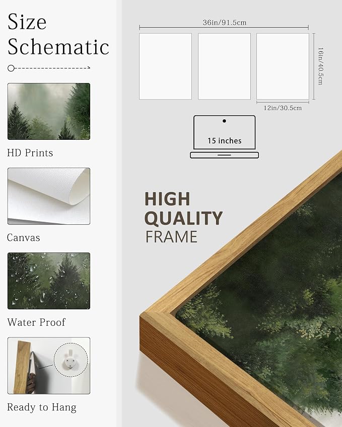 KUVIOKE Morden Green Fog Pine Tree Framed Canvas Wall Art Nature Nordic Forests Artwork Painting Bedroom Decor 12x16in (Natural Framed)