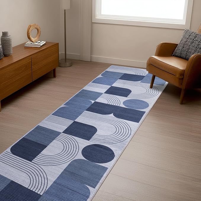 Machine Washable 2x6 Runner Rug, Soft Modern Geometric Abstract Blue Rugs for Bedroom Living Room, Non-Shedding Faux Wool Indoor Throw Floor Carpet for Office Entryway Dining Room Decor