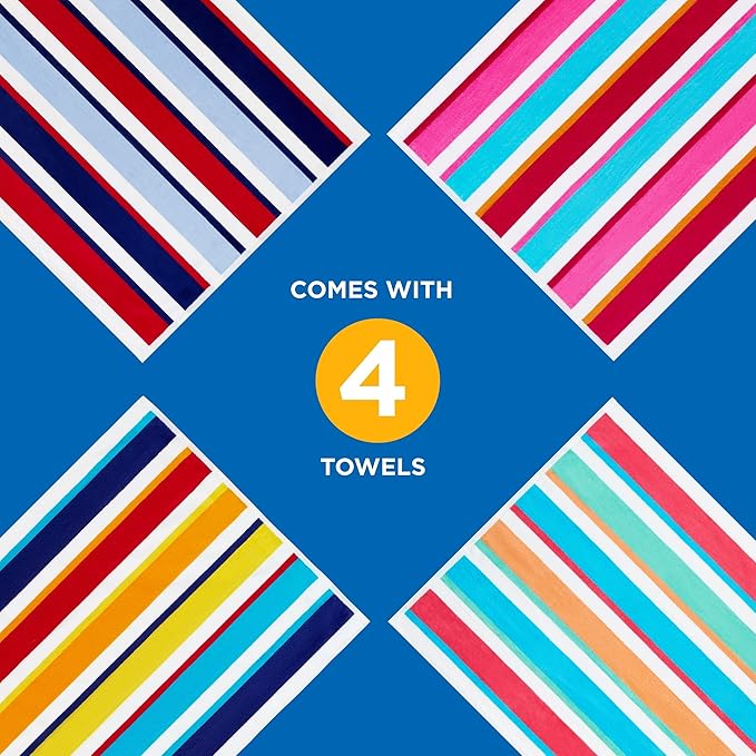Kaufman - Joey Velour Colored Classic Multi-Color Stripe Beach & Pool Towel - Large 100% Combed Cotton Beach Towel - Soft & Absorbent Colorful Towels - 30" x 60" - 4 Pack