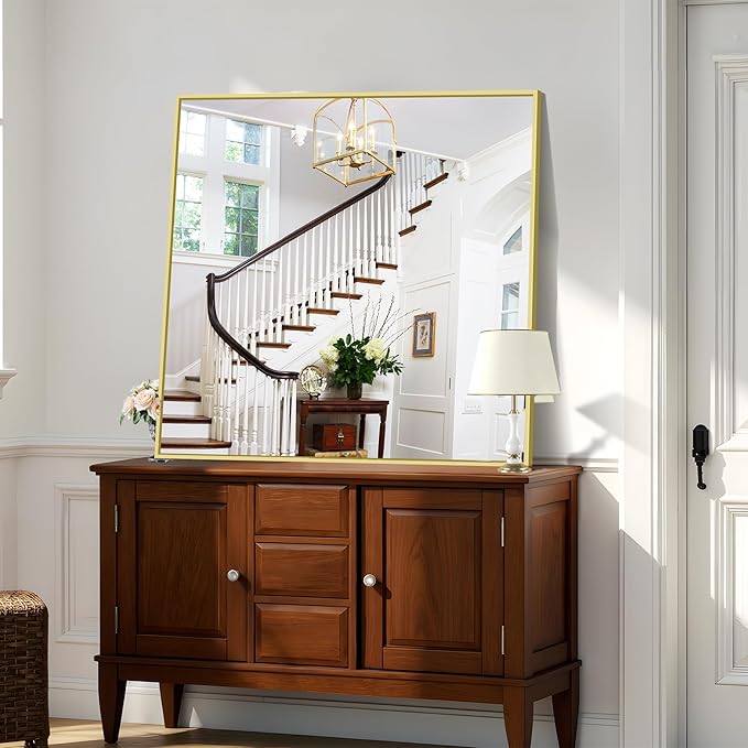 KOCUUY Gold Bathroom Mirror, 42"x42" Square Bathroom Mirror for Wall, HD Tempered Glass, Anti-Rust Frame, Modern Design for Bathroom, Bedroom, Living Room, Entryway