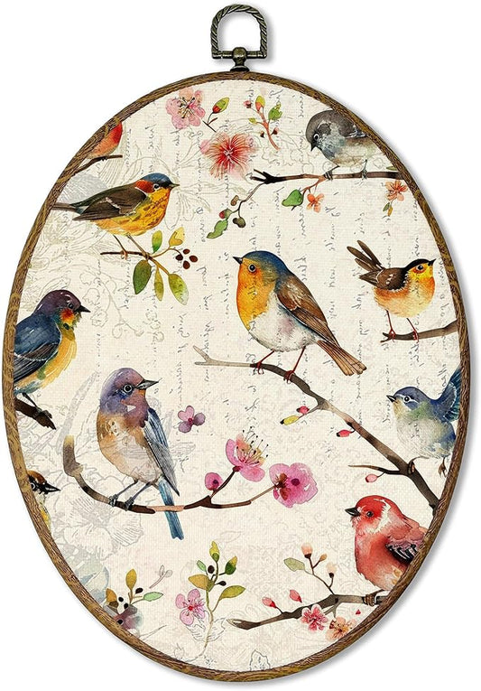 AEHIE Vintage Bird Oval Wall Art Decor, Rustic Floral Birds Canvas Artwork Framed, Cottagecore Country Bird Flower Oval Wall Art for Home Bedroom Living Room Decor, 11x8.5 Inches