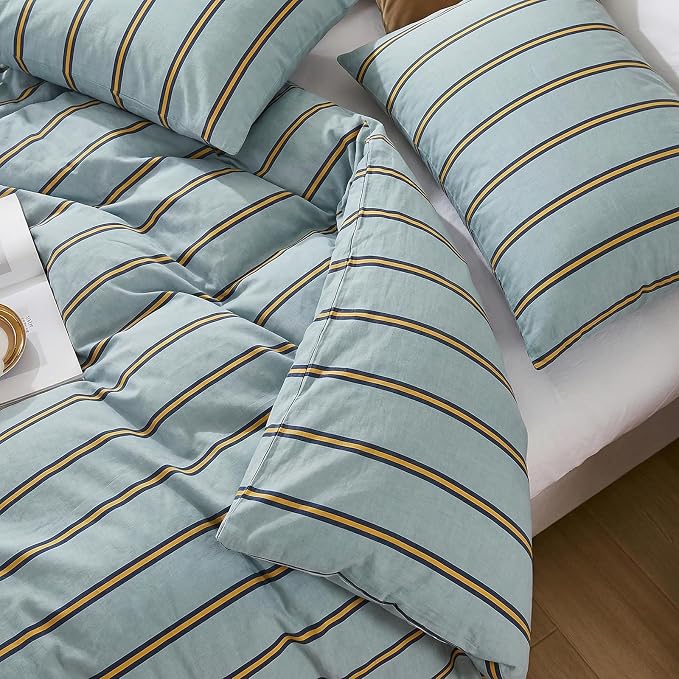 Merryword Green & Orange Striped Duvet Cover Set King Size, 100% Cotton Bedding Set with Zipper Closure & 8 Corner Ties, Luxury Linen Like Bedding, Soft Breathable Comforter Cover for All Seasons