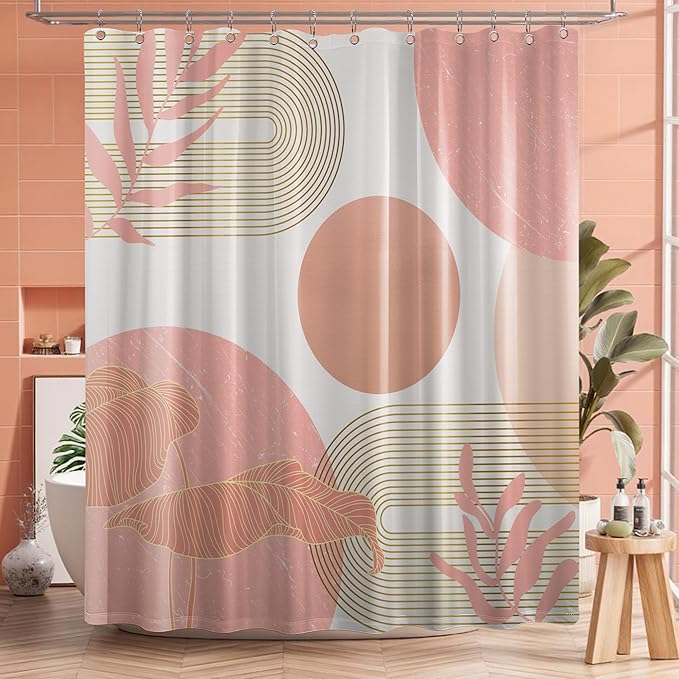 Coral Shower Curtain White and Peach Color Shower Curtains for Bathroom Decor Abstract MCM Girls Bath Curtain Set, Waterproof Fabric with Hooks 70 x 72 Inch
