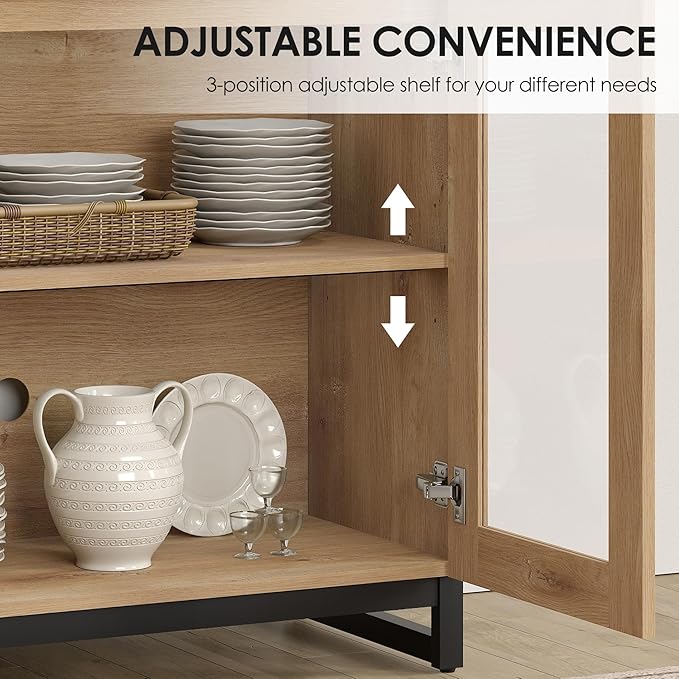 WAMPAT 3 in 1 Modern Sideboard with Adjustable Shelves and Drawer,Storage Cabinet with Glass Doors, Coffee Bar Cabinet for Living Room, Kitchen, Oak
