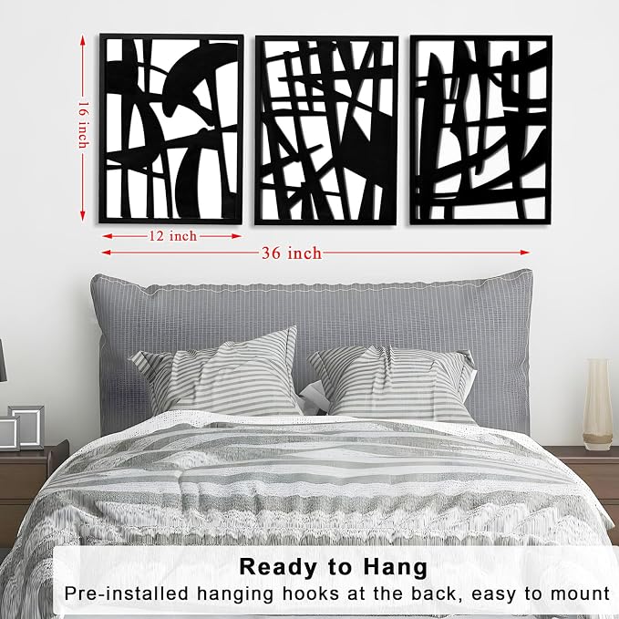 3D Wood Abstract Wall Art, Framed Black and White Wall Art, Modern Minimalist Black Wall Decor for Living Room Bedroom Bathroom Dining Room (Ready to Hang, 12x16 inches, Set of 3, Framed)