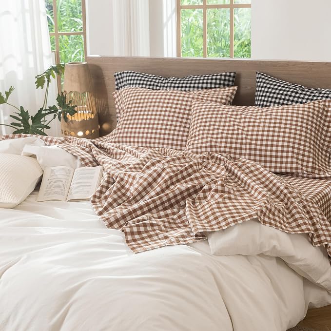MooMee Gingham Sheet Set 100% Washed Cotton Linen Like Textured Breathable Soft w/ Fully Elasticized 16-19" Deep Pocket (Classic Gingham Dark Orange, Queen)