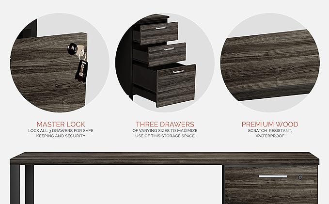 Modern Design Milano Office Computer Desk with 3 Locking Drawers, 48 Inch Grey and Black Industrial Wood Desk with Filing Drawer and Storage by Crafts and Comfort