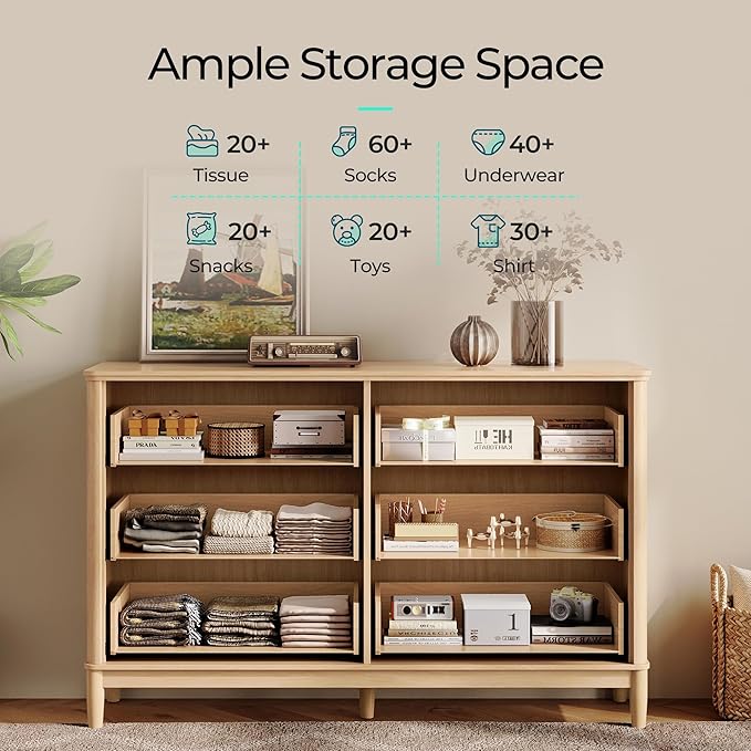 LINSY HOME Rattan Dresser with 6 Deep Drawers, 47" Wide Long Chest of Drawers, Mid Century Modern Tall Dresser, Large Wood Boho Storage Cabinet for Bedroom with Metal Handle and Durable Legs, Oak