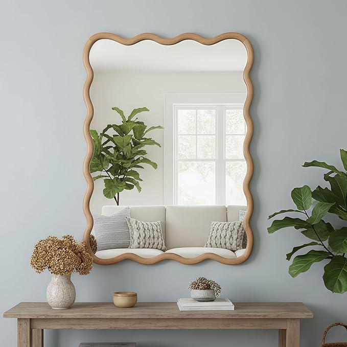 40x30 Inch Wooden Wavy Rectangle Wall Mirror, Modern Solid Wood Frame Decorative Accent Mirror for Bedroom, Bathroom, Living Room, Entryway, Natural Wood Color