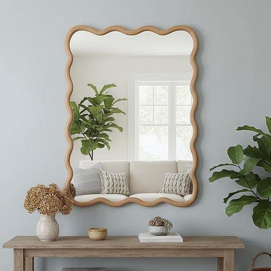 40x30 Inch Wooden Wavy Rectangle Wall Mirror, Modern Solid Wood Frame Decorative Accent Mirror for Bedroom, Bathroom, Living Room, Entryway, Natural Wood Color