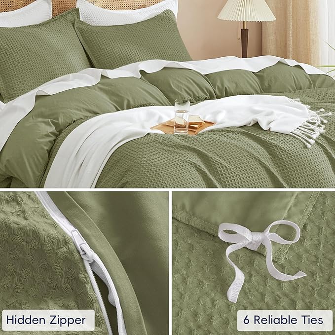 PHF Waffle Duvet Cover Set Twin/Twin XL Size, No Snagging Ultra Soft Luxury Textured Breathable Comforter Cover for All Season 2pcs, Durable Bedding Duvet Set with 1 Pillow Sham, 68"x90", Olive Green