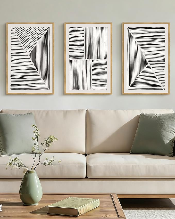 Drsoum Mid-Century Modern Framed Wall Art Large 16x24in Minimalist Abstract Boho Black Line Wall Decor Geometric Artwork Kitchen Dining Room Natural Framed