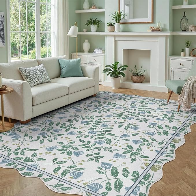 DCX Washable Botanical Floral Rug 8x10, Blue and Green Scalloped Rug, Non Slip Low Pile Carpet for Bedroom, Living Room, Kid & Pet Friendly