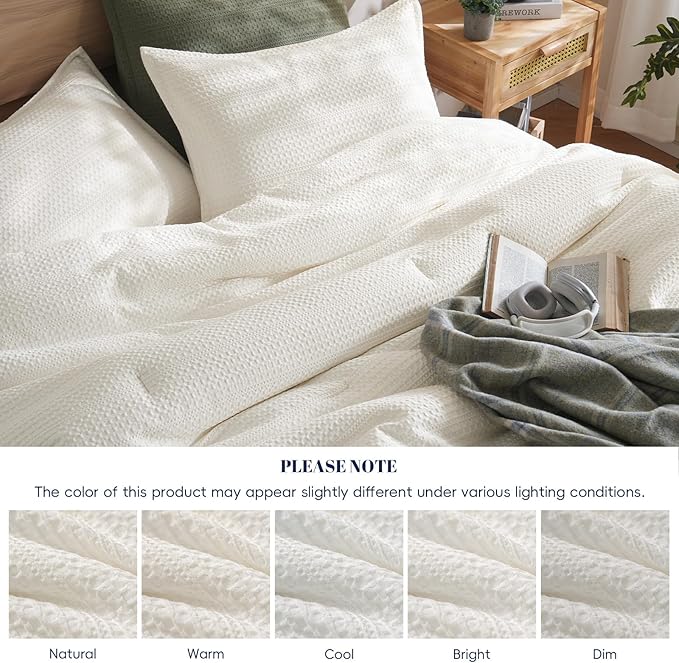 PHF Soft Waffle Comforter Set Twin Size- Comfy Breathable Waffle Weave Comforter with 1 Pillow Shams, 2 Pieces Less Snagging Lightweight Textured Bedding Set for All Season, Cream