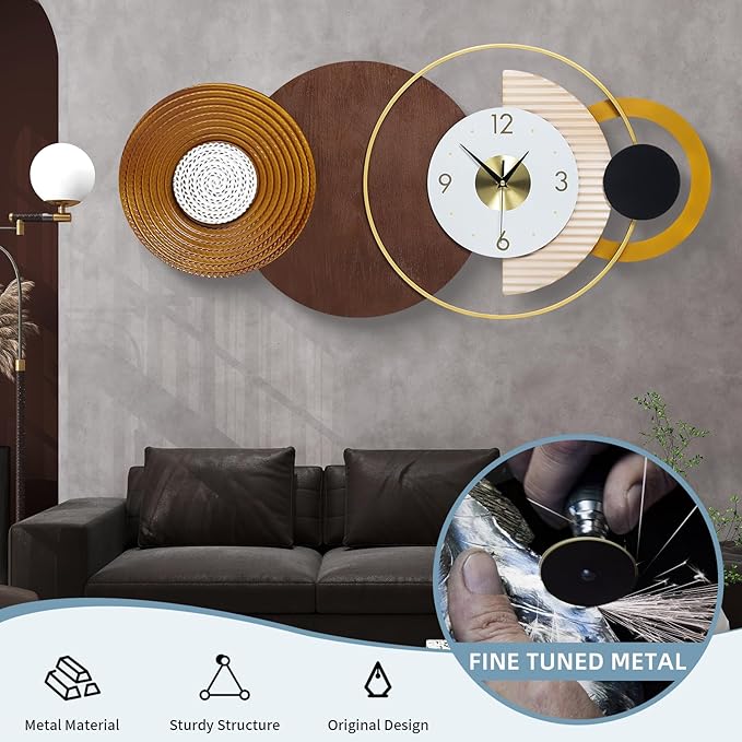 32x16 inch Large Modern Mid-Century Wall Clock - Non-Ticking Silent Metal and Wood Brown Decorative Clock, Battery Operated Analog Clocks for Living Room, Bedroom, Home Decor