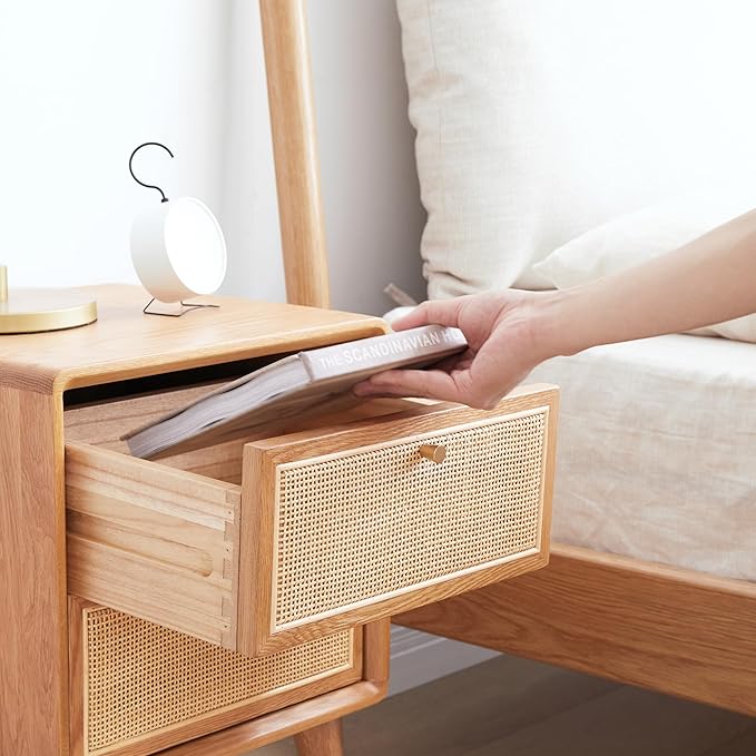 Mid-Century Modern Rattan Nightstand, 2-Drawer Solid Oak Bedside Table with Natural Rattan Fronts, Wooden Bedroom End Table (Natural Oak, 15.74”x13.78”x21.26”)