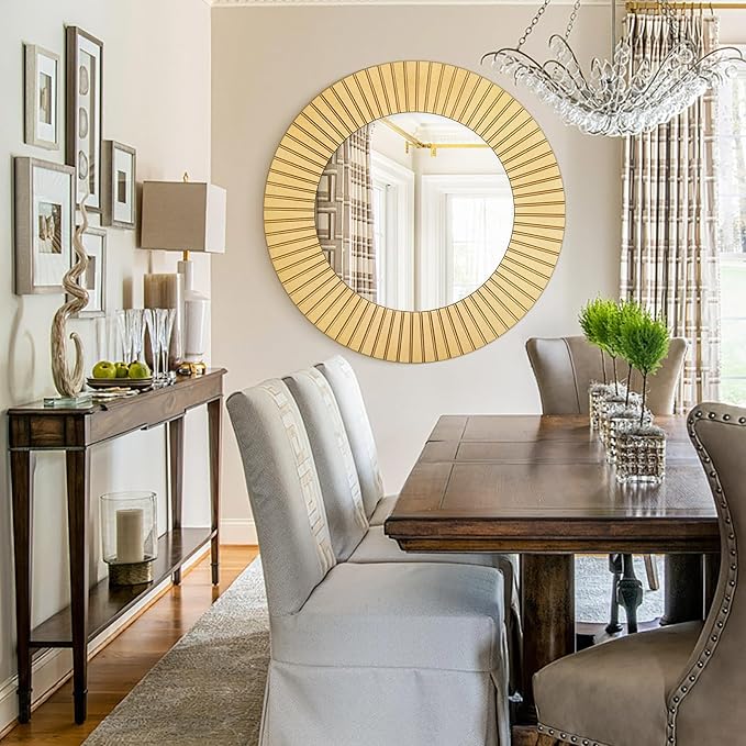 Chende 42'' Round Gold Mirror for Living Room, Large Decorative Mirror for Wall with Wood Frame, Elegant Accent Gold Mirrors for Bathroom, Entryway, Bedroom