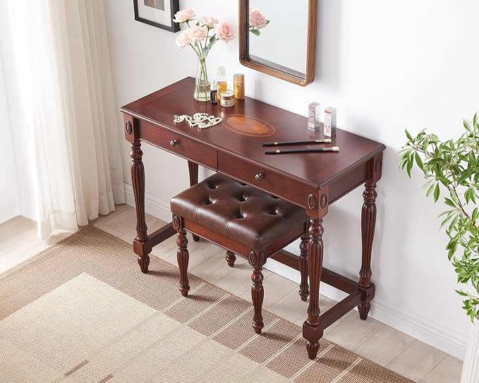 Solid Wood Computer Writing Desk with 2 Big Drawers 39.4" Wide Home Office Desk Workstation Small Rustic Study Table Furniture in Cherry for Home Office Bedroom Living Room, SSZ-1533WD
