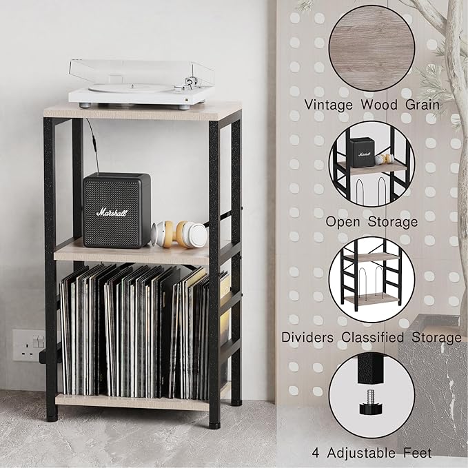 YAKANJ End Table with LED Light,Record Player Stand with Albums Storage,Vinyl Records Storage,Turntable Stand Side Table for Music Room Studio Living Room Bedroom-Greige