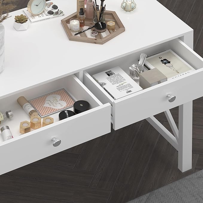 WiberWi Home Office Desk with Drawers, Modern Writing Computer Desk for Bedroom, Small Makeup Vanity Table Study Table for Home Office,White