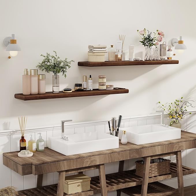 Axeman 48Inch Natural Wood Floating Shelves for Wall|Rustic Wooden Shelves for Bedroom Kitchen Bathroom|Long Storage Shelf with Invisible Bracket for Wall Mounted|Set of 1|Walnut Color