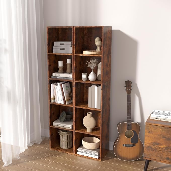 5-Tier Wooden Cube Storage Organizer, 52 Inch Tall Bookcase & Display Shelf with 5 Open Cubes, Freestanding DIY Closet Shelving Unit for Living Room Office(Retro Brown, 5 Cube-W(11.8inch)